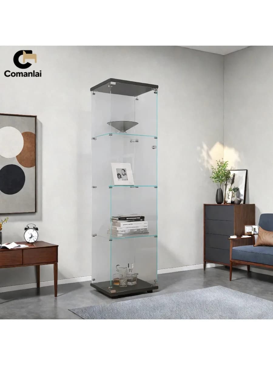 Comanlai Displaystandaards 4 planken glazen vitrinekast met deur, vloerstaande boekenplank voor woonkamer 42,5 x 36,5 x 164 cm