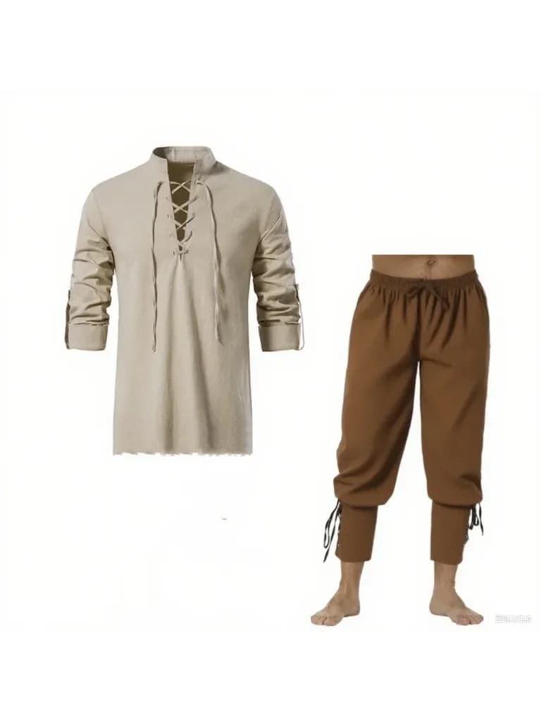 2 Stuks Retro Vintage Middeleeuwse Renaissance Cosplay Kostuum Outfits Piraat Viking Halloween Casual Dagelijks LARP Ren Faire Shirt Broek