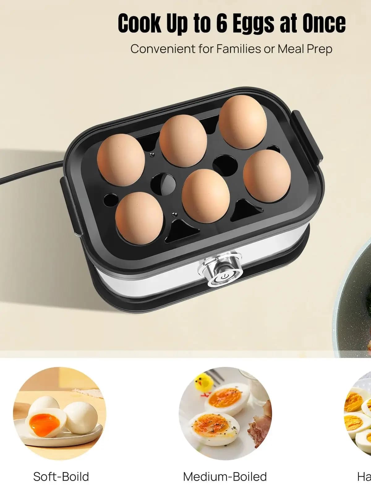 Eierkoker van 350 W met 6 containers voor zachte, medium of hardgekookte eieren, geschikt voor maïs, groenten en dumplings