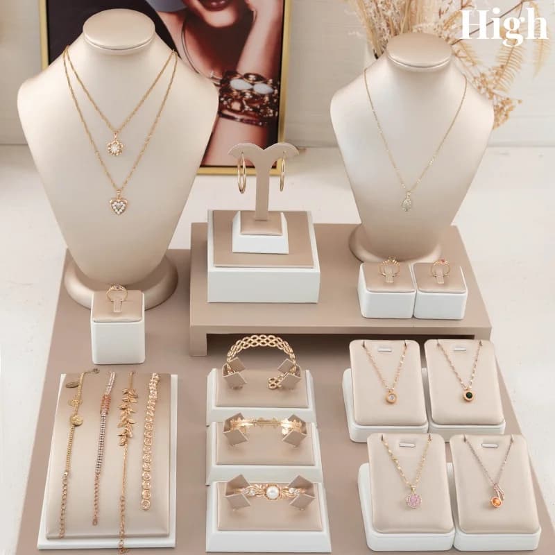 Champagne Lederen Sieraden Set Voor Oorbellen Ringen Display Stand Opslag Organizer Voor Mode Vrouwen Armbanden Kettingen Lade