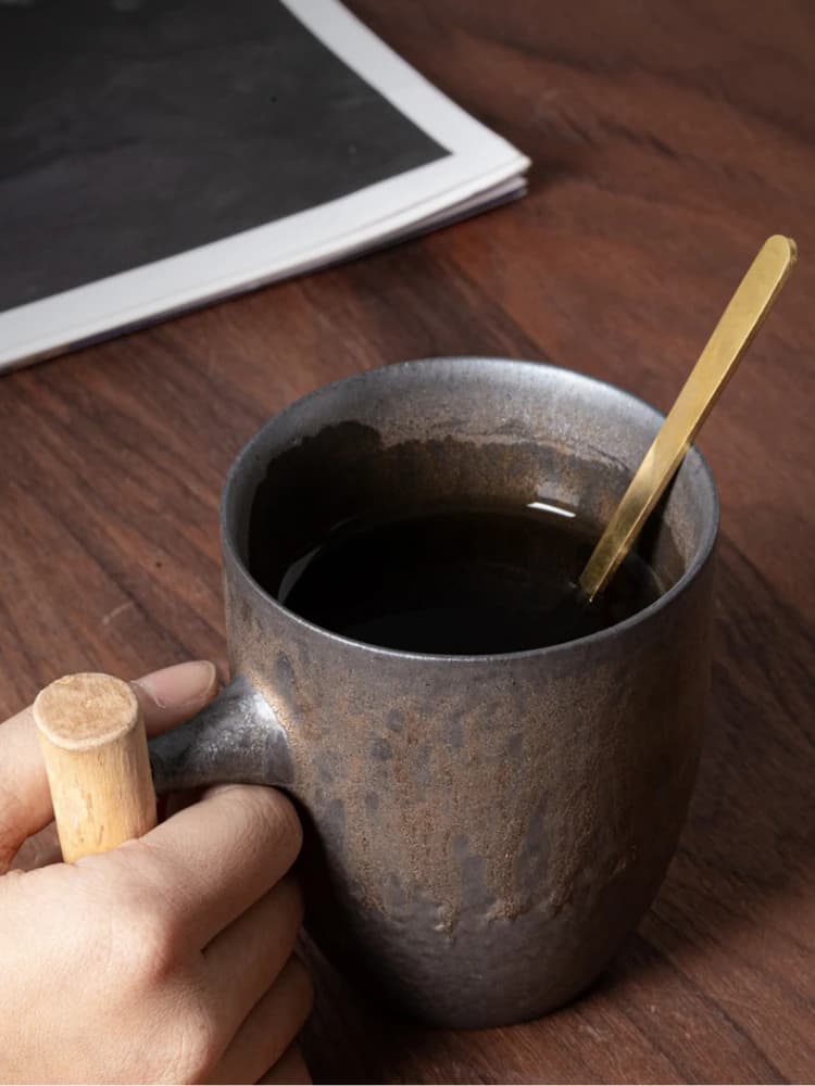 Nordic Creatieve Koffie Cup Met Houten Handvat Japanse Eenvoudige Vergulde Mok Kantoor Woonkamer Melk Thee Cup Huishoudelijke Drinkwaren