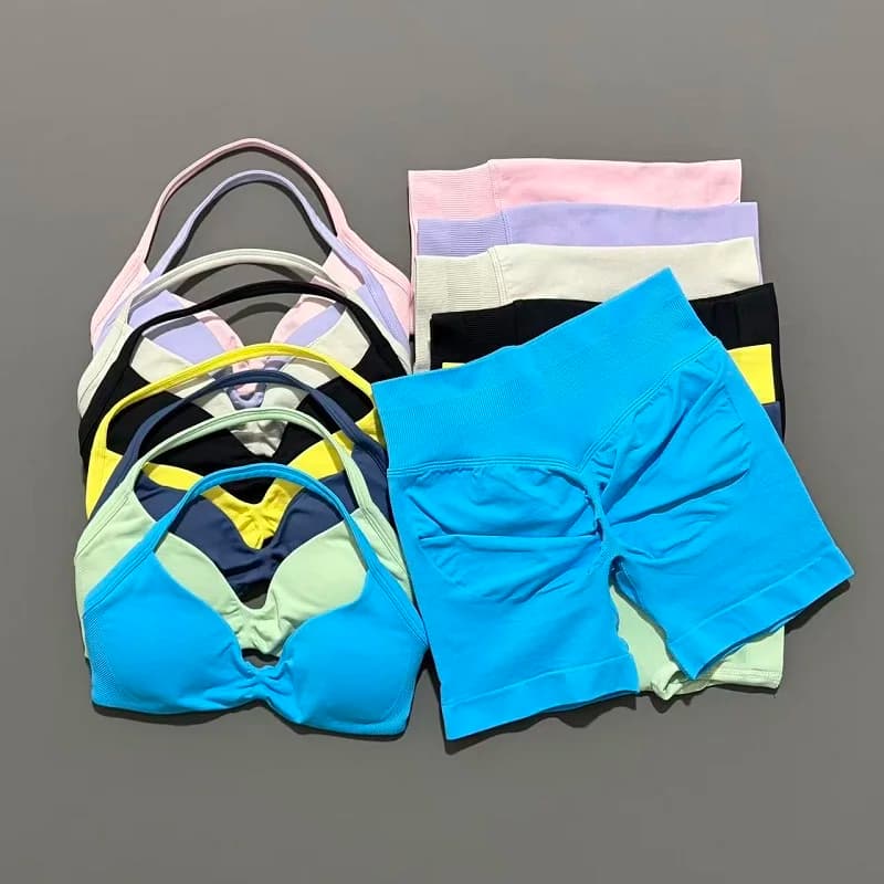 HISTELLO Sportset 2-delig Dames Gym Yoga BH met bandjes Workout Scrunch Shorts Fitness Sportpak Kleding Naadloze yogaset