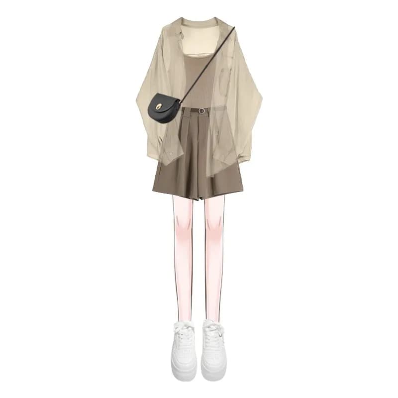 Dames trainingspak 2026 zomer nieuw casual zonnebeschermend shirt top vest shorts driedelig Koreaans chic blouse broek matchende set
