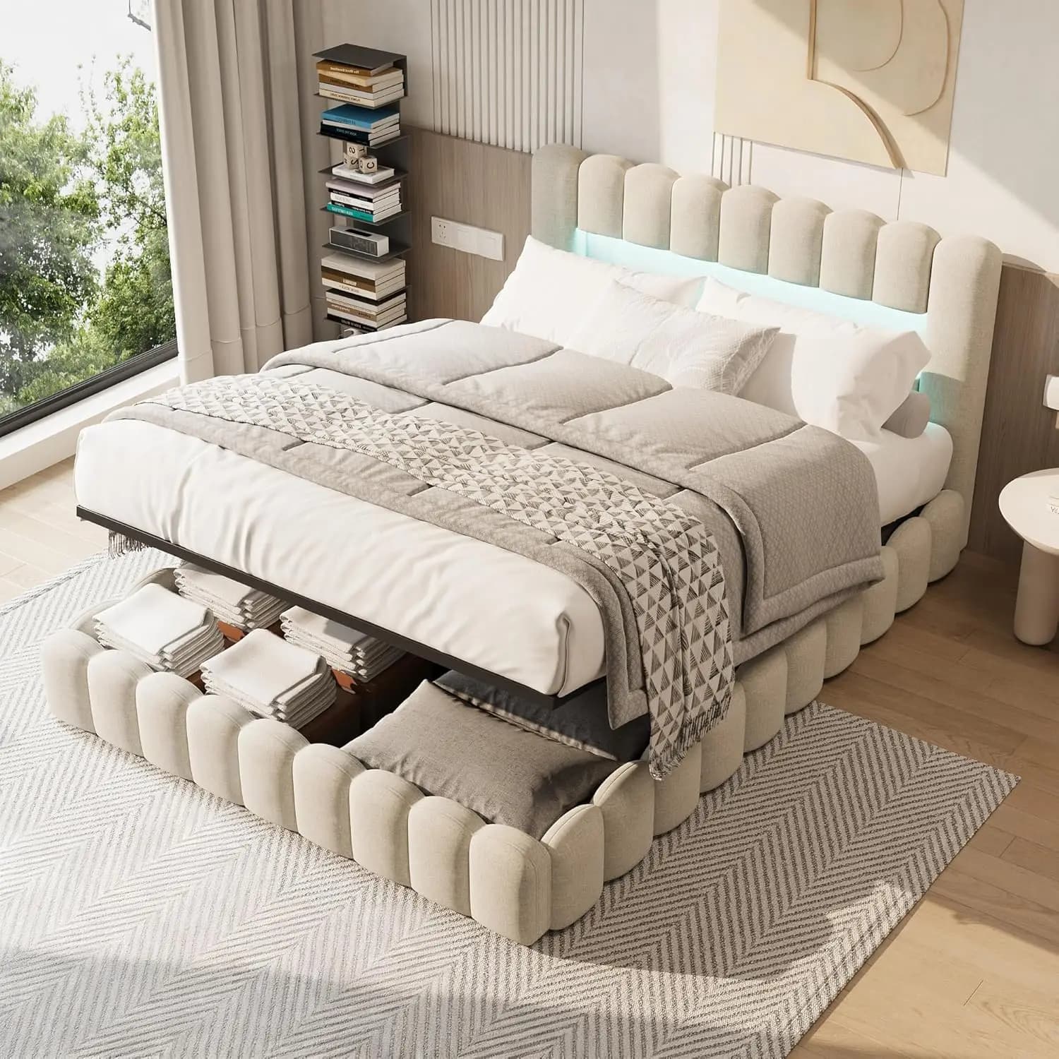 Rosahqnda gestoffeerd bed 180x200cm met bedbox, bed 160x200cm met hydraulische opbergruimte, hoofdeinde met LED en USB