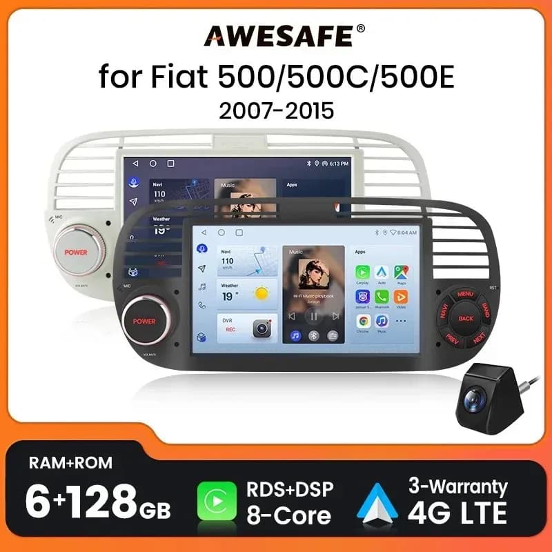 AWESAFE Draadloze CarPlay Autoradio voor FIAT 500 500C Abarth 2007-2015 met Android Auto GPS Navigatie Smart Systeem RDS DSP FM