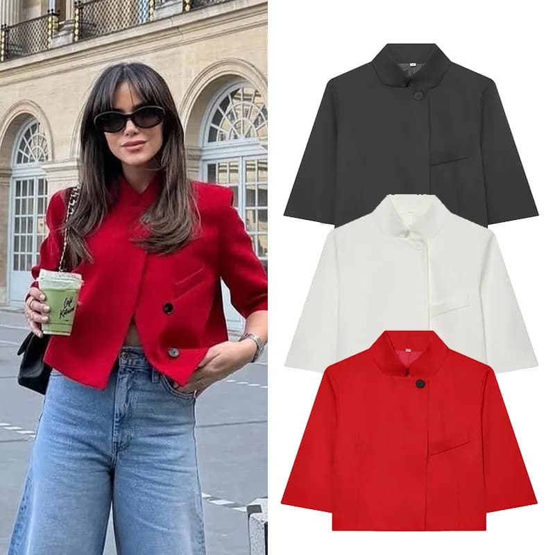 Dames Cropped Korte Blazer Nieuw 2026 Lente Zomer Hoge Hals Korte Mouw Knoop Eenvoudige Effen Damesjas Vrouwelijke Chique Tops