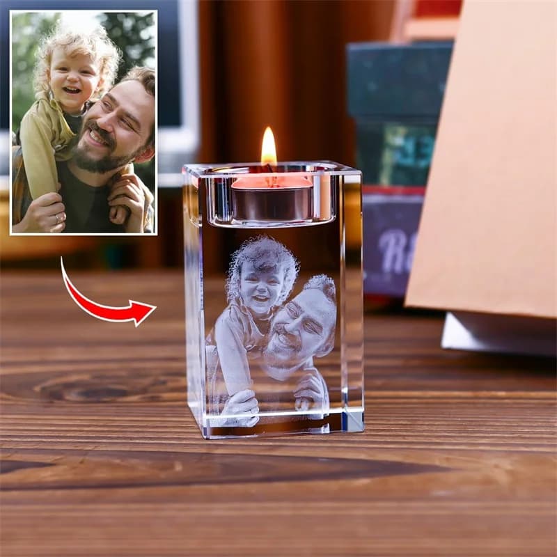 Gepersonaliseerde gegraveerde kristallen theelichthouder met foto en tekst, 2D/3D fotokaarsenhouder, gedenkkaars, votiefkaars