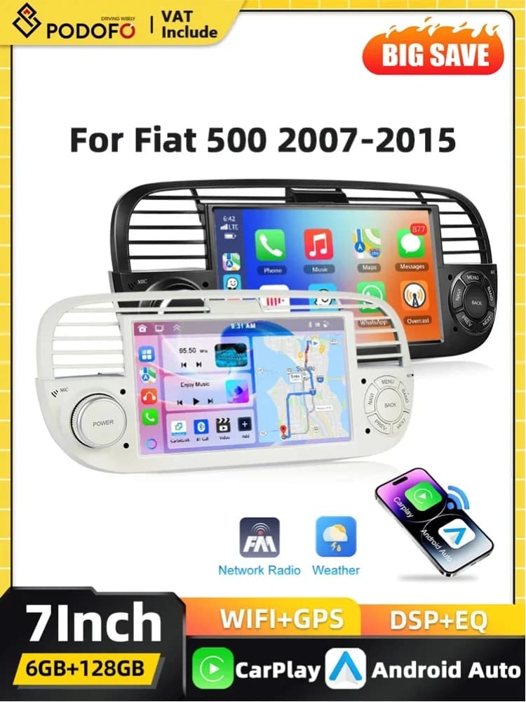 Podofo Carplay 2Din Android Auto Multimedia Speler voor Fiat 500 2007 2008-2015 Auto Intelligent Systeem GPS Navigatie FM/RDS 4G WIFI BT Geen DVD