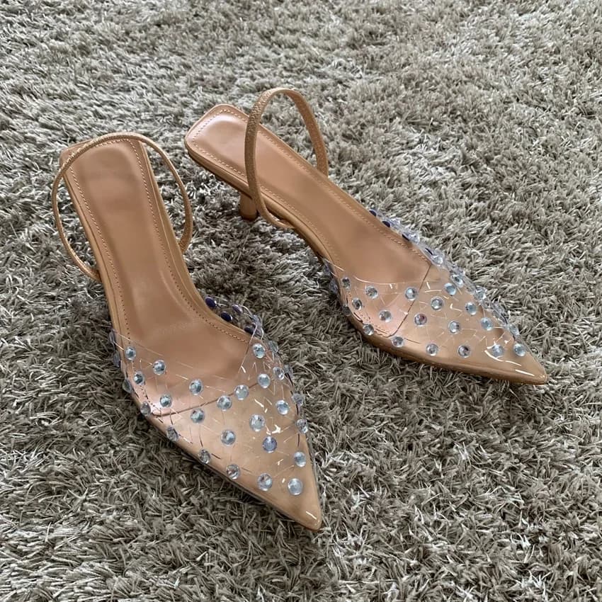 Vrouwen PVC Transparante Diamant Hoge Hakken Sexy Puntschoen Slingback Hakken Pumps Vrouwelijke Party Hakken Sandalen Schoenen