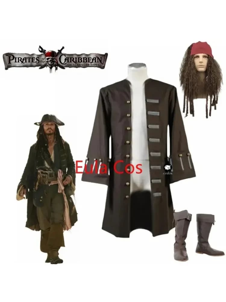 Pirates of The Caribbean Jack Sparrow Jasje Pruik Schoenen Cosplay Kostuum Halloween Kostuums Cos Kleding