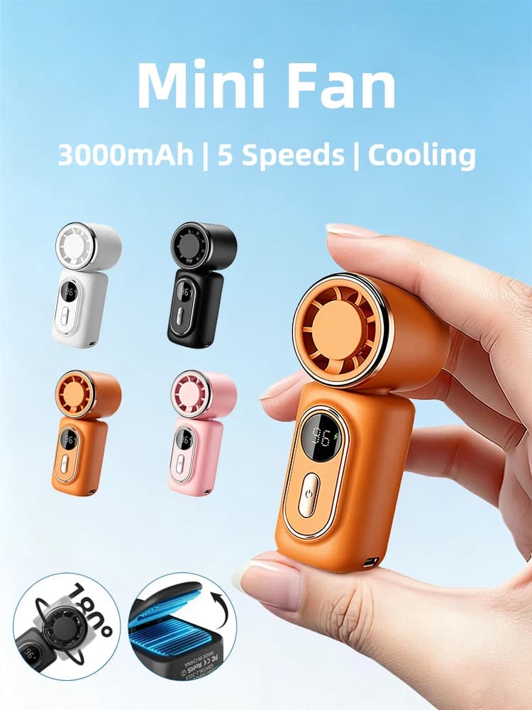 Draagbare miniventilator Handbediende kleine ventilator Koeling Turbo Hoge snelheidsventilatoren 3000mAh 5 snelheden 180 °   Verstelbaar LED-display,