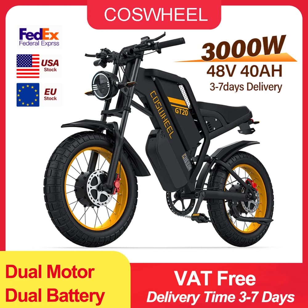COSWHEEL Elektrische fiets GT20 PRO 3000 W Dual Motor 48 V 40AH Elektrische Fiets 20 Inch Fat Tire Off-Road Mountain EBike