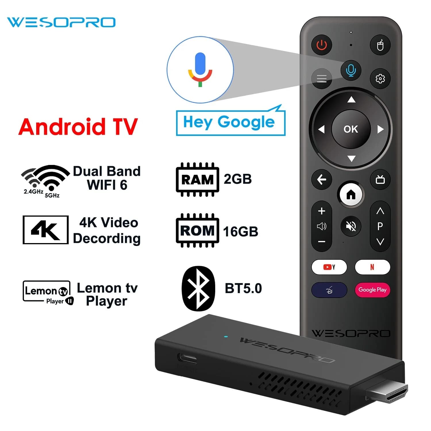 WESOPRO TV Stick G2 Android 12 Smart TV Dongle 2GB RAM 16GB ROM 2.4GHz 5.0GHz Wifi6 BT5.0 H.265 4K 30fps mediaspeler