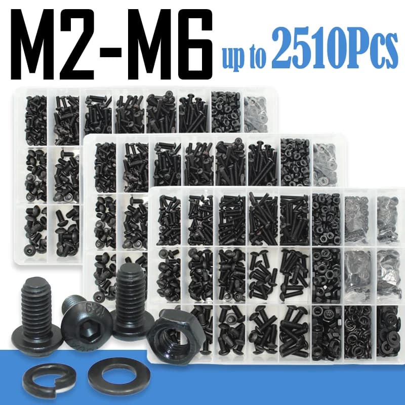 2510p Hex Hexagon Socket Bolkopschroef Kit M2 M2.5 M3 M4 M5 M6 Zwart 10.9 Kwaliteit Inbusschroeven Bouten met Moeren Ring ISO7380