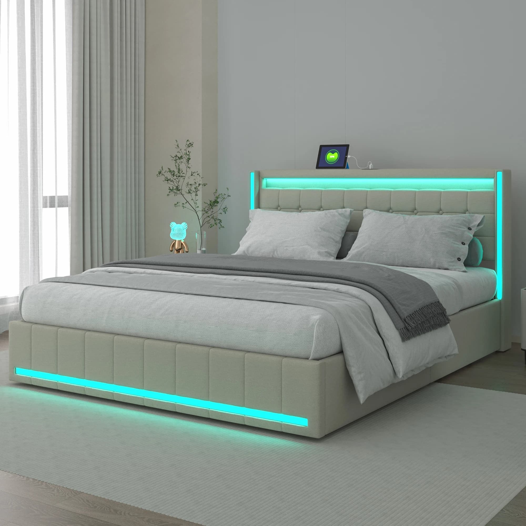 Comanlai 160×200cm jeugdbed, volwassenenbed, gestoffeerd tweepersoonsbed, met LED en USB 4 laden, hoofdbord met opbergruimte, linnen
