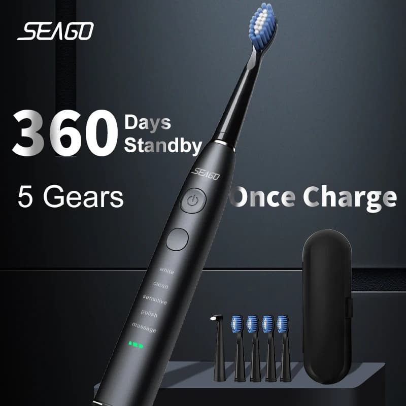 Seago Elektrische tandenborstel USB Oplaadbaar Volwassenen 360 dagen lange batterijduur IPX7 4 vervangende koppen Reisdoos SG-575