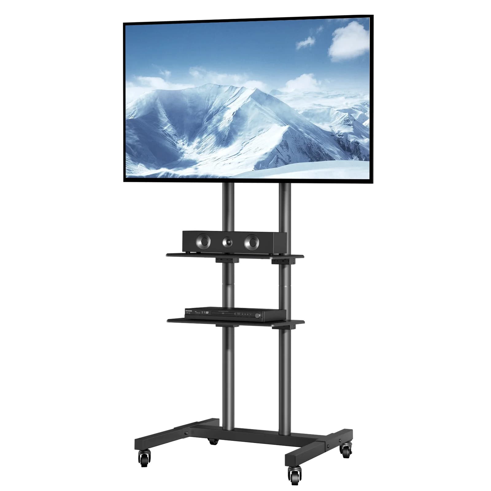 SucceBuy Mobiele tv-standaard In hoogte verstelbare tv-standaard met wielen Dubbele lade voor audiovisuele apparaten Rollende tv-standaard voor