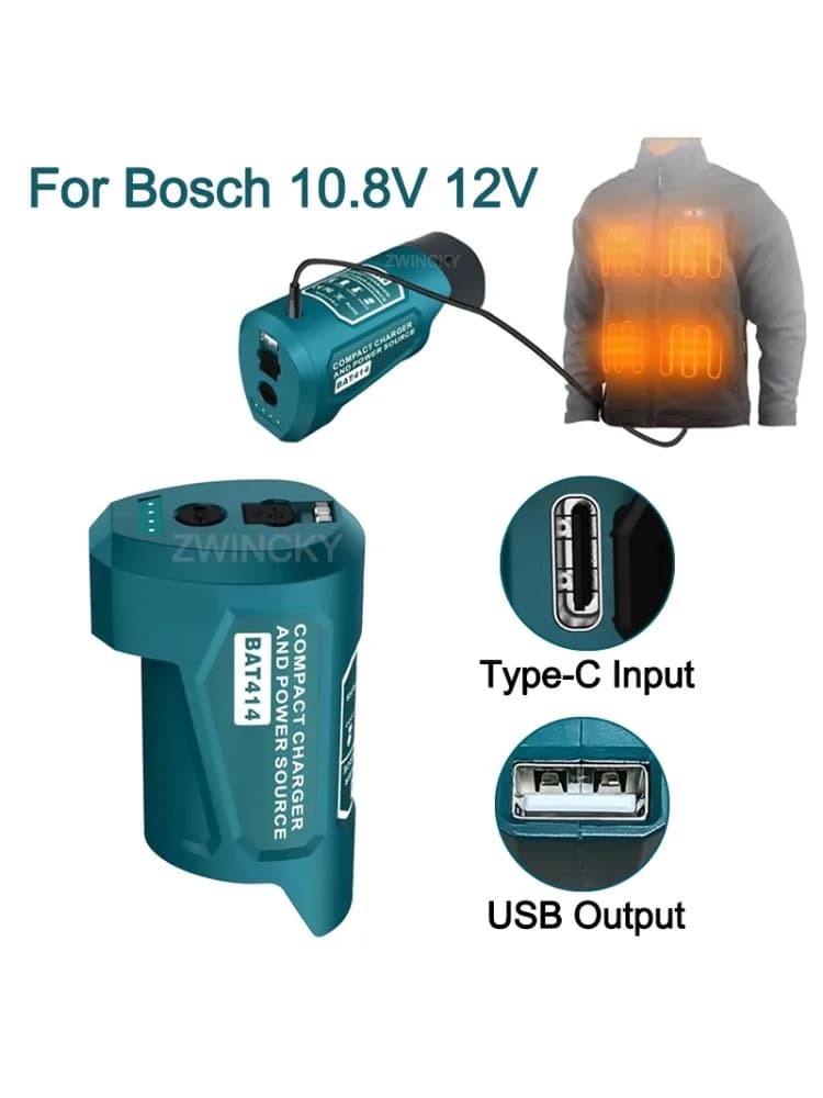 Batterijadapter Oplader voor Bosch 10,8V 12V Li-ion batterij voor 12V verwarmde jas met USB DC 12V-poort, Type-C oplaadinvoerpoort