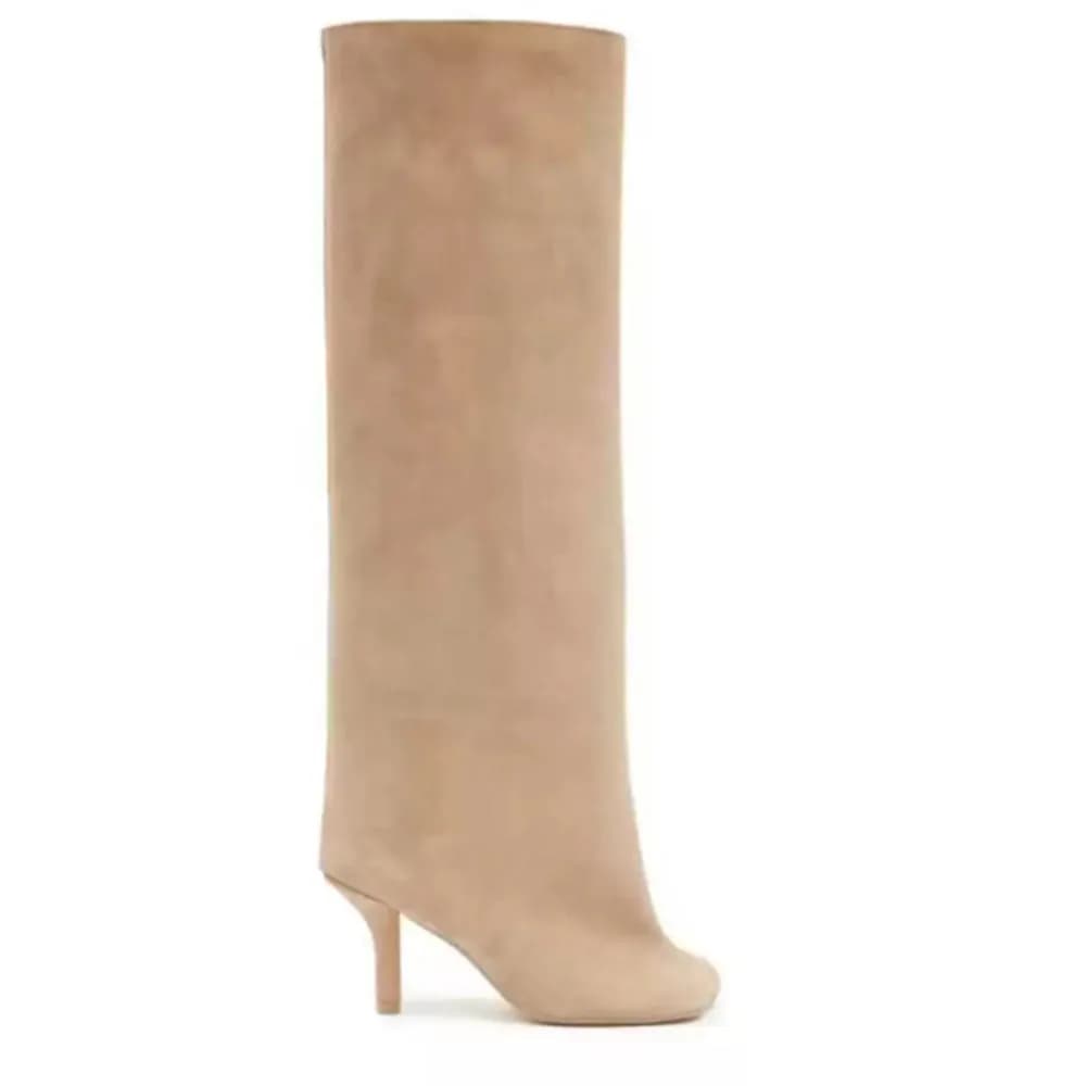 Dames herfst en winter nieuwe lage hak middenbeen kniehoge dameslaarzen, modieuze runway vierkante teen mouw 34-44 grote laarzen