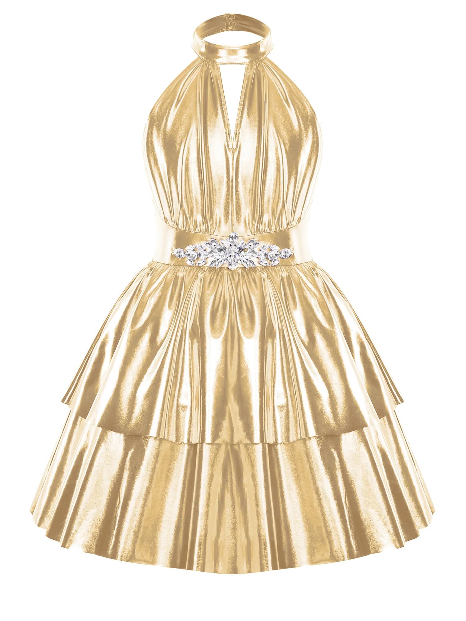 Kinderen meisjes metallic glanzende feestjurk halter rugloze mouwloze strass gelaagde zoom a-lijn jurk verjaardag optocht baljurk