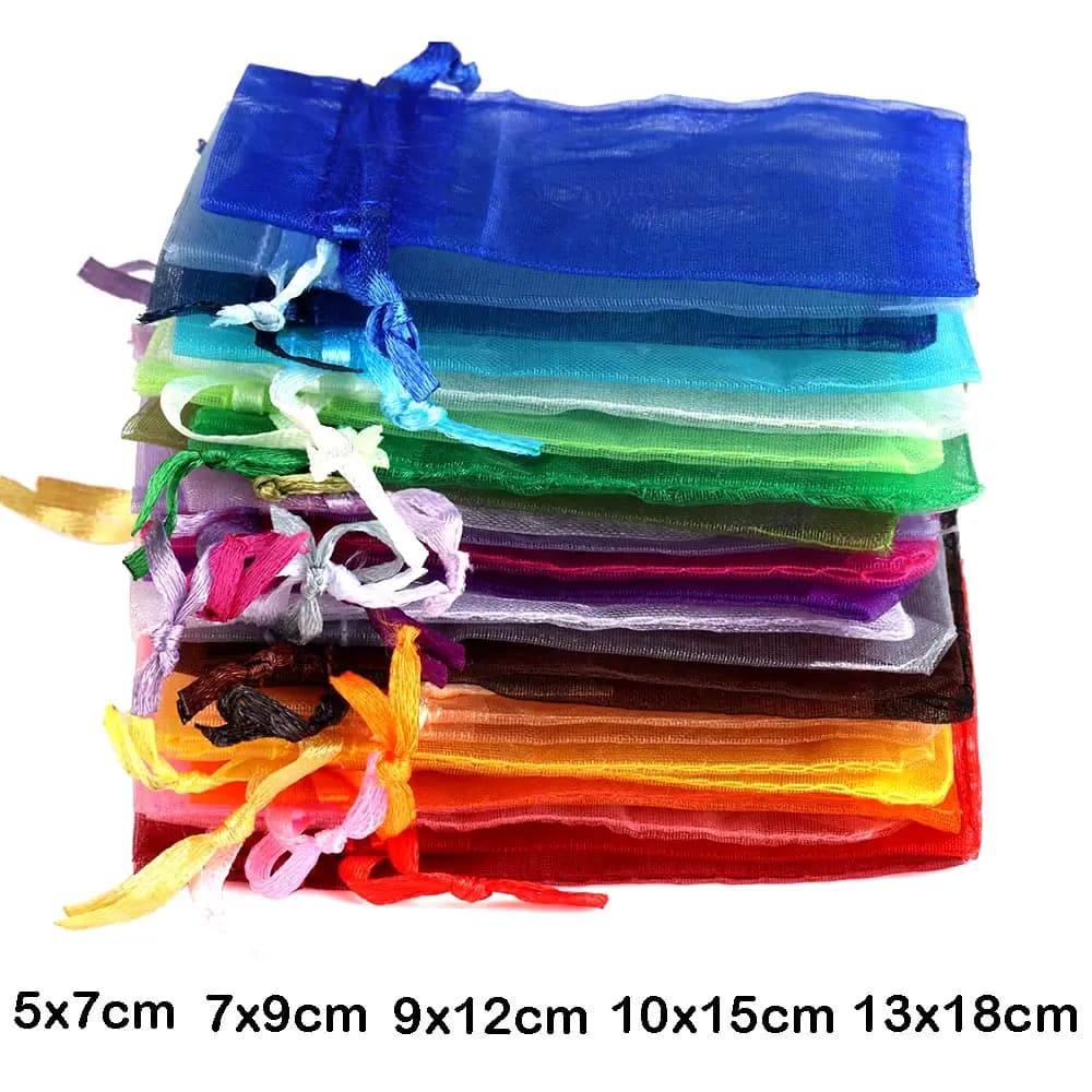 50/100 Stuks Kleurrijke Organza Gift Bag 5x7 7x9 9x12 10x15 13x18cm Party Bruiloft Gunsten Snoep Sieraden Verpakking Trekkoord Zakjes