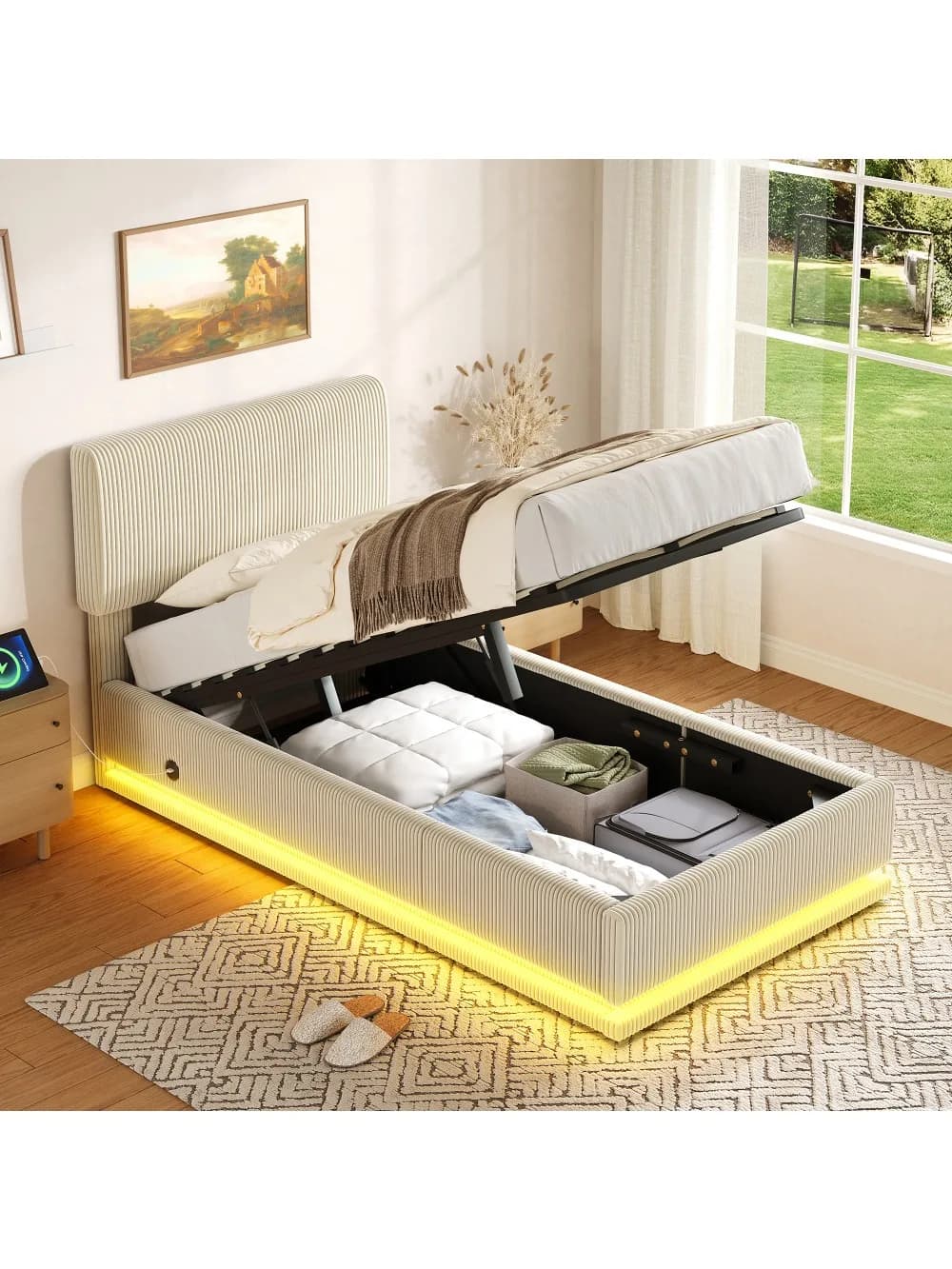 Moderne gestoffeerde bedden met LED-verlichting en USB-C oplaadfunctie, in hoogte verstelbaar hoofdeinde, opbergruimte onder het bed