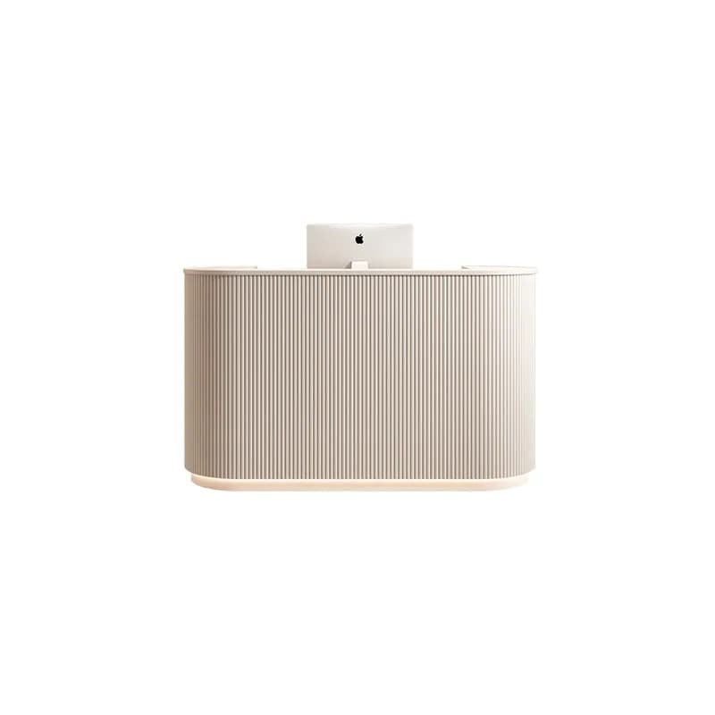 Moderne gebogen receptie balie met LED-verlichting, beige golfvormige balie voor beautysalon, nagelsalon, spa, commerciële meubels