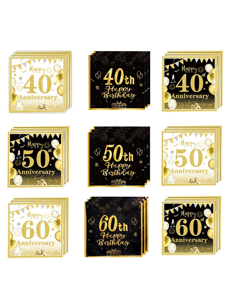20/40/60/80/100 Stuks 40 50 60 Jaar Oude Verjaardagsfeestje levert Zwart Goud Wegwerp Papieren Servetten Gelukkige Verjaardag Party Decor