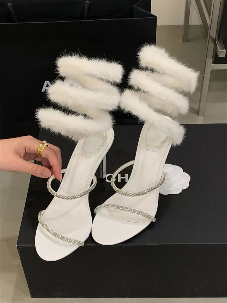 Sexy slangvormige elastische band dames gladiator sandalen mode strass bont decor stiletto hoge hakken zomer trouwschoenen