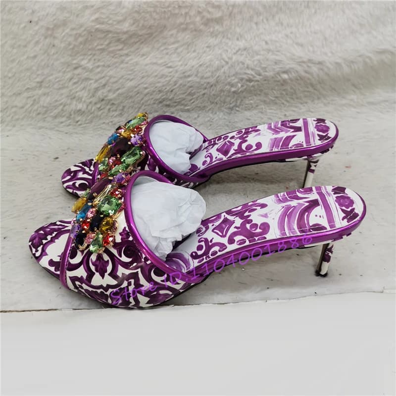 Zomer Nieuwe Gekleurde Kristal Hoge Hakken Vrouwen Slippers Luxe Strass Bloemenprint Stiletto Sandalen Elegante Feestjurk Schoenen