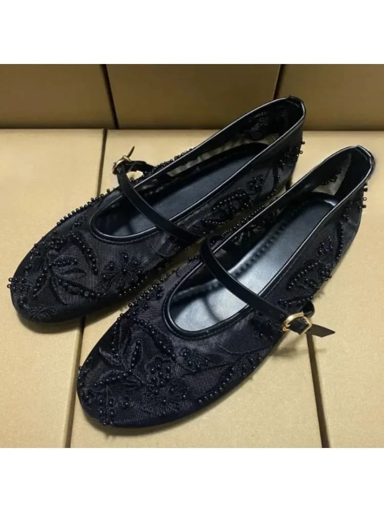 Mesh Borduren Bloem Ballet Flats Dames Comfort Ronde Neus Ademend Mary Jane Schoenen Modemerk Designer Schoenen voor Dames
