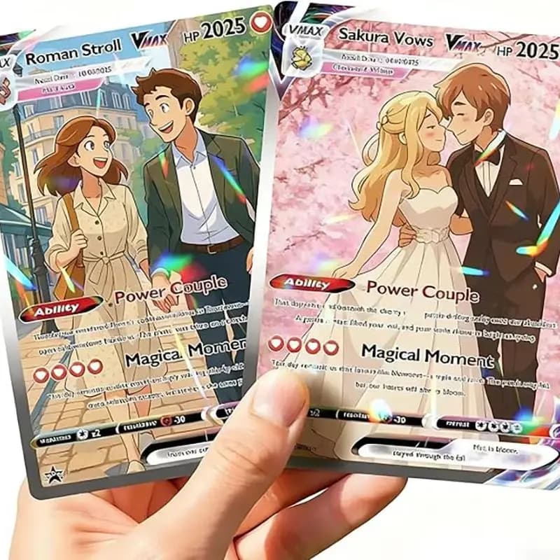 Aangepaste Pokemon Anime-kaart voor Vaderdag, Moederdag, Verjaardag, Gepersonaliseerde Holofoil-kaarten met rating, Uniek cadeau voor koppels