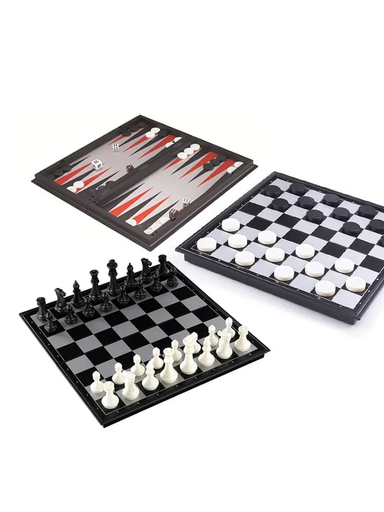 Opvouwbaar magnetisch schaakspel 25 cm dammen backgammon-spelbord 3-in-1 ideaal tafelblad voor familiebijeenkomsten