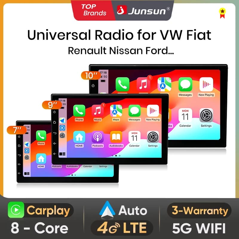 Junsun Universele 7 9 10 Inch Autoradio Draadloze Carplay Android Auto 4G Wifi Gps Multimedia Bluetoth Dsp Ips Touchscreen Stereo