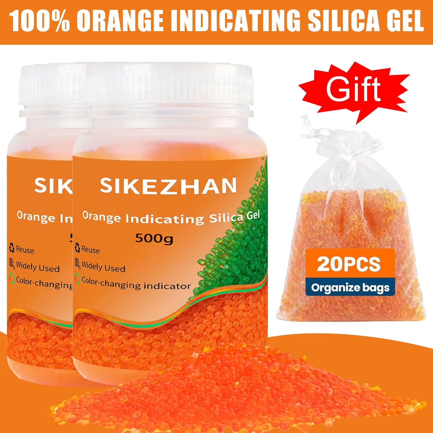 Silicagel-droogmiddel 1000g blauw/oranje herbruikbare vochtabsorberende kralen met 20 kleine zakjes voor opbergcontainers