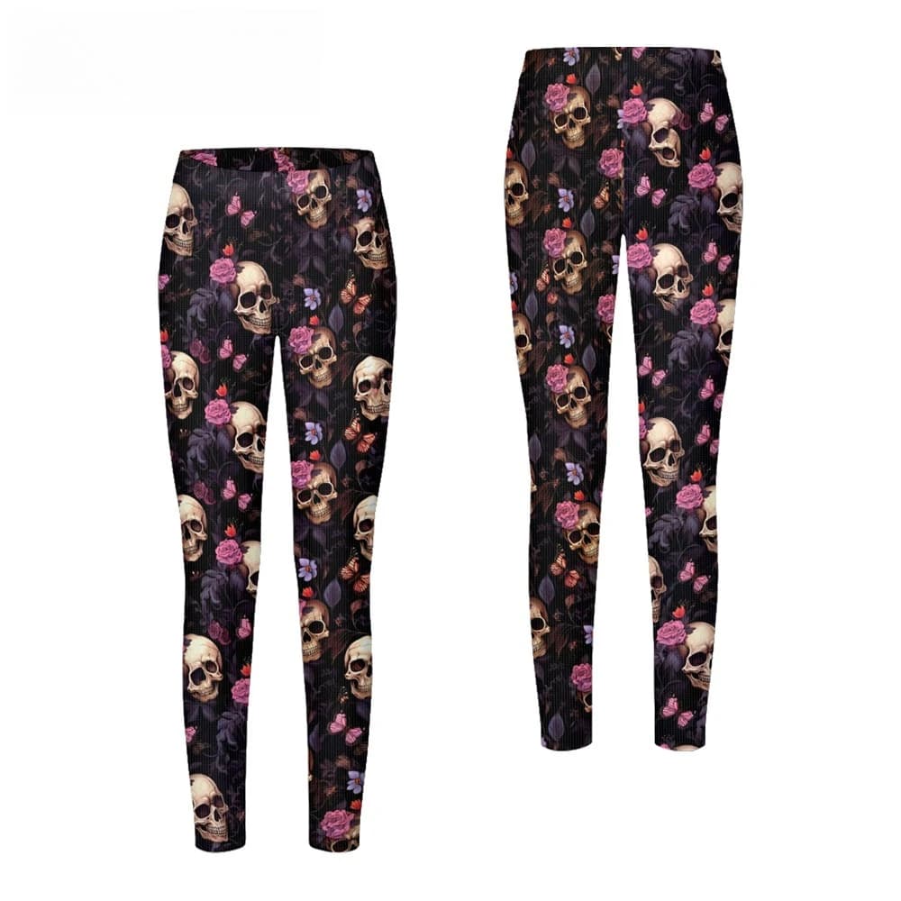 Gothic Rose Skull Print Fitnesslegging met hoge taille Vintage tattoo-stijl stretchbroek voor dames Edgy Casual Festival Wear