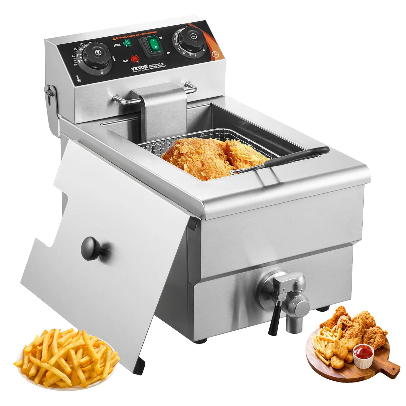 SucceBuy Commerciële friteuse Elektrische aanrechtfriteuse met mand Roestvrijstalen enkele oliefriteuse met tijd- en temperatuurregeling