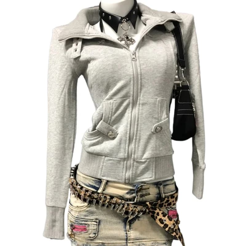Vintage Y2k jaren 2000 slanke jas dames Goth Grunge rits streetwear stand kraag jas herfst winter nieuwe mode punk kleding