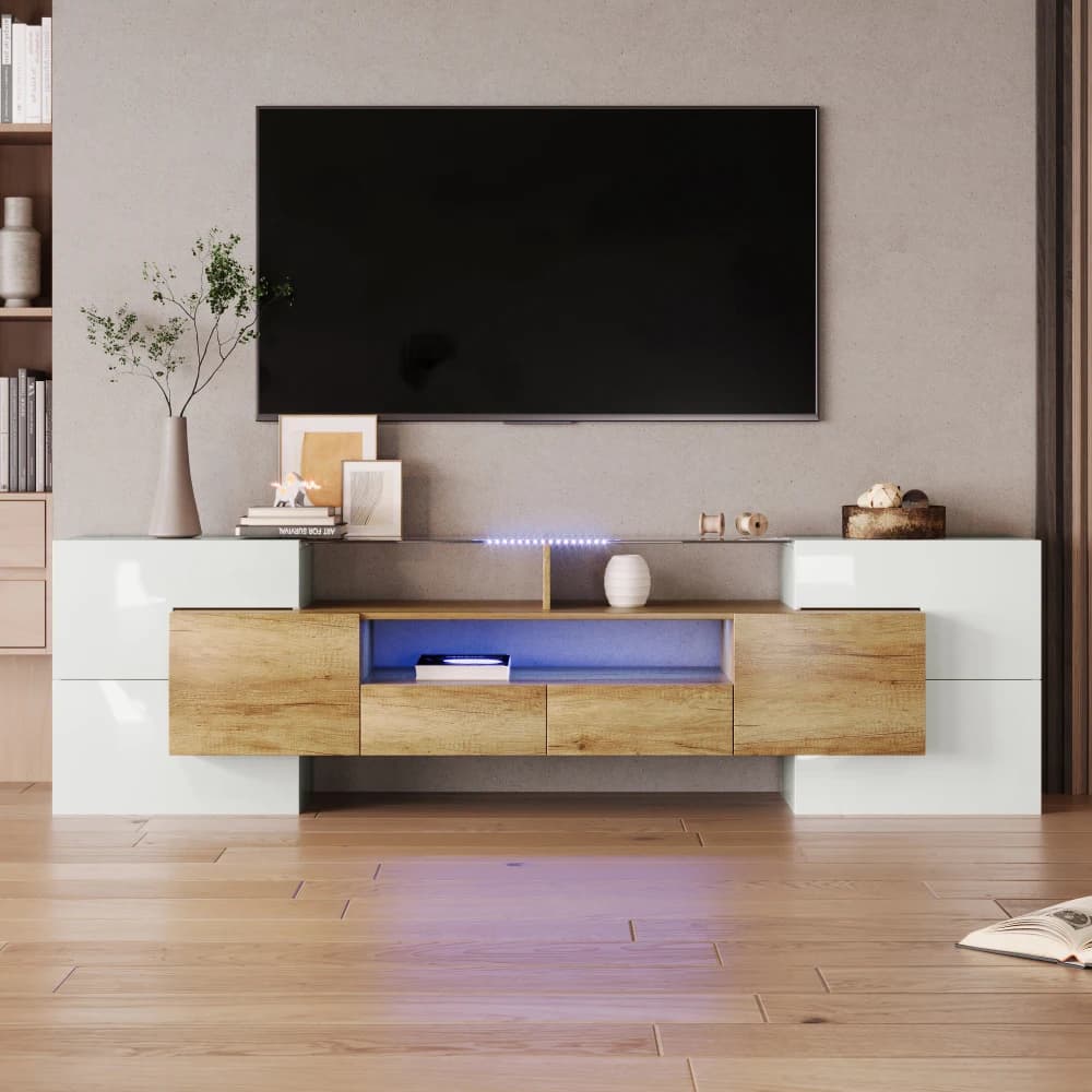 Moderne tv-kast 200cm hoog, hoogglans wit, lage kast met led-verlichting, elegant glazen oppervlak, opbergruimte voor woonkamermeubilair