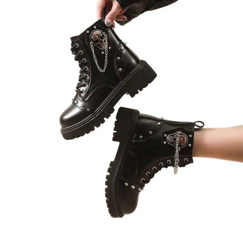 Vrouwen Punk Enkellaarsjes Platform Gesp Ontwerp Dameslaarzen Lace Up Blokhak Schoenen Metalen Decoratie Casual Outdoor Laarzen 42
