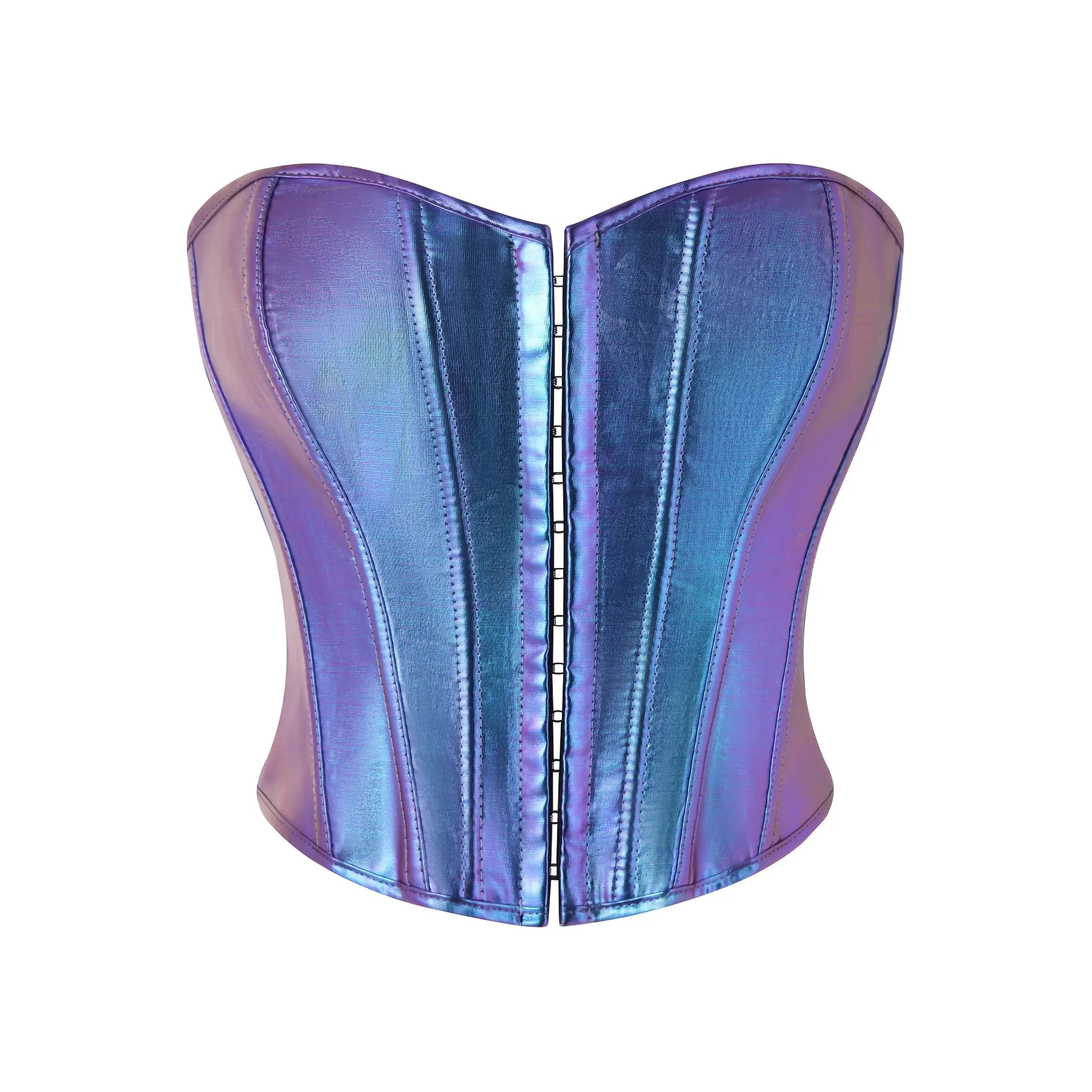 Blauw-paarse holografische corsettop voor dames, slim-fit cropped bustier met verticale naad voor Rave Festival