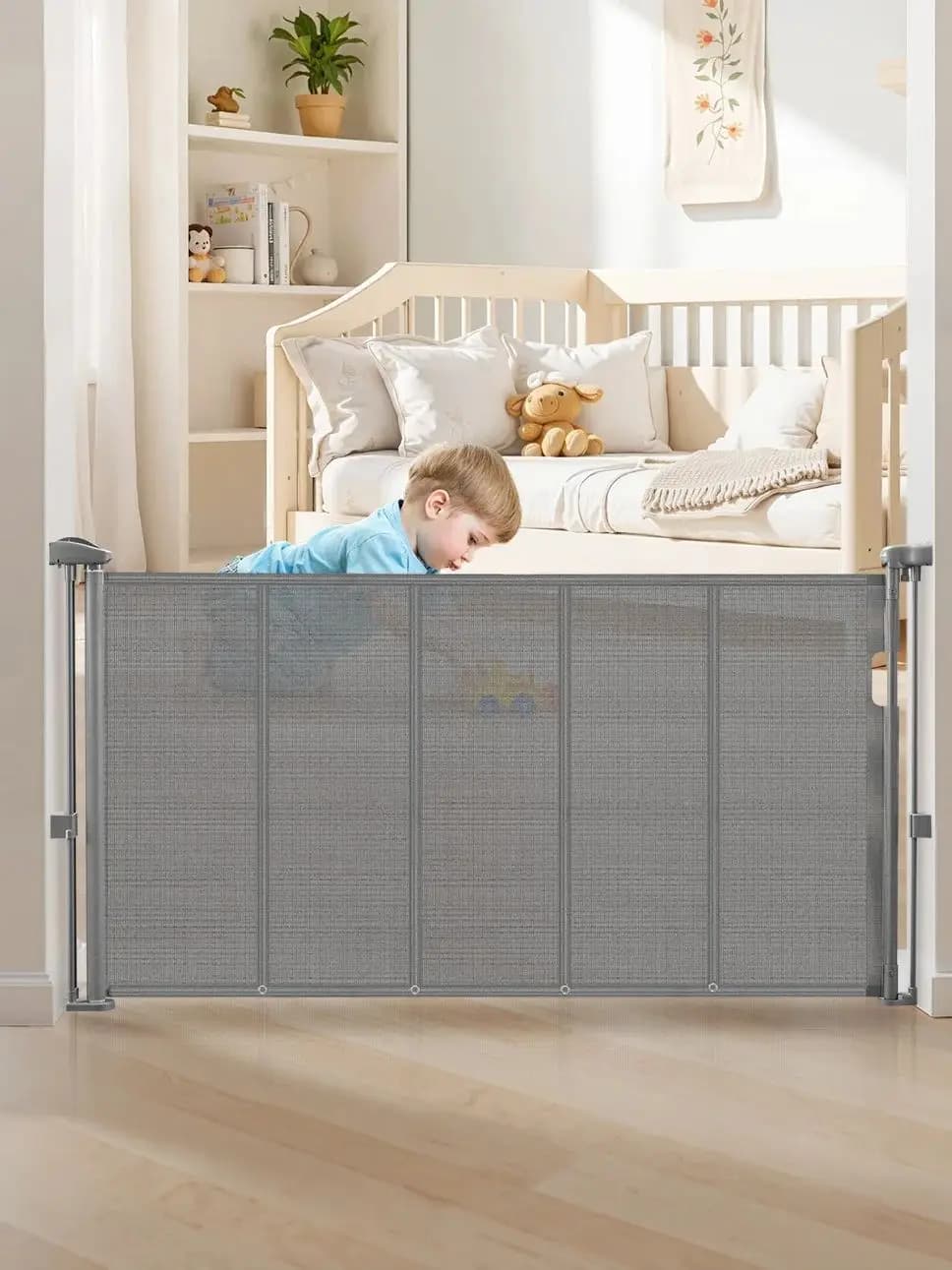 SucceBuy 55/71/110in Intrekbare Babyhek 34in Hoog Verlengt Brede Intrekbare Poort voor Kinderen Huisdieren Mesh Materiaal Eenvoudig te installeren