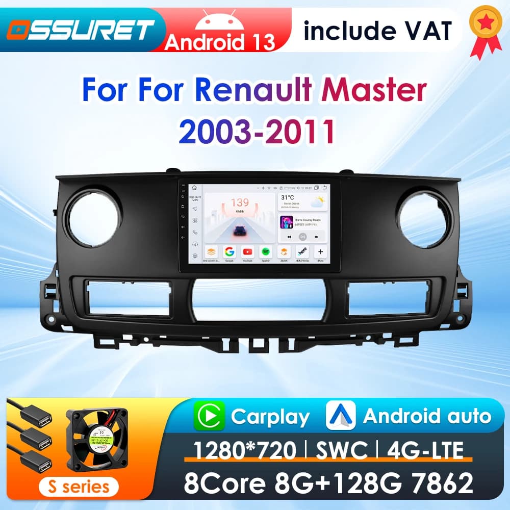 2din 360Camera Android13 Autoradio Voor Renault Master 2003-2011 Auto Multimedia Gps 4G Carplay Intelligent Scherm Autoradio Swc