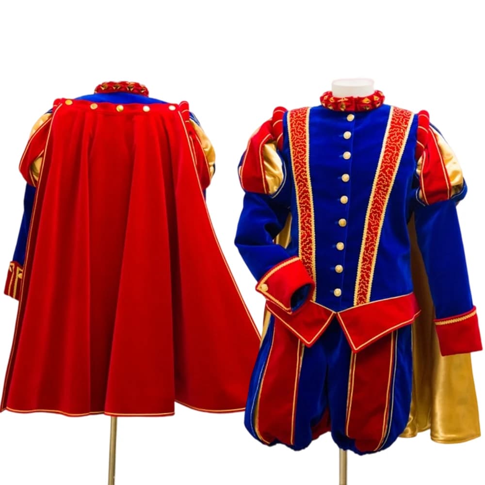 Historisch Henry VIII uniformpak met cape Tudor Elizabethaanse koning Prins kostuum Renaissance ridder gentleman parade baljurk