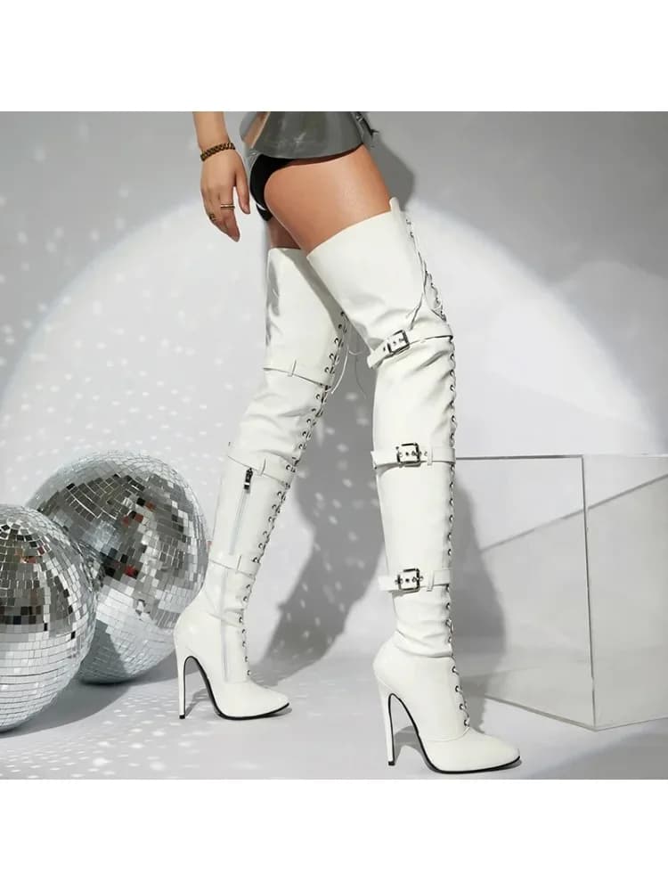 Nachtclub Party Queen Laarzen Over de knie Laarzen Hoge hakken Dameslaarzen Sexy Grote maat 46, Dunne hakken Schoenen