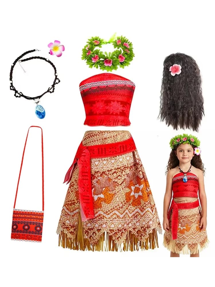 Meisjes Moana Prinses Jurk voor Kinderen Carnaval Cosplay Vaiana Kostuum Kinderen Verjaardagsfeestje Hoofddeksels Ketting Bloem Kleding Set