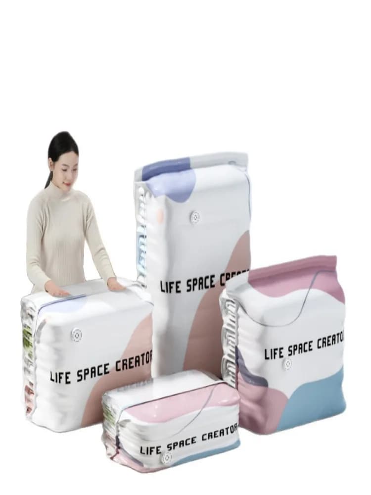 Vacumeerzakken zonder pomp nodig, 3D staand ontwerp, één zak voor het hele gezin, ruimtebesparend voor kleding en beddengoed
