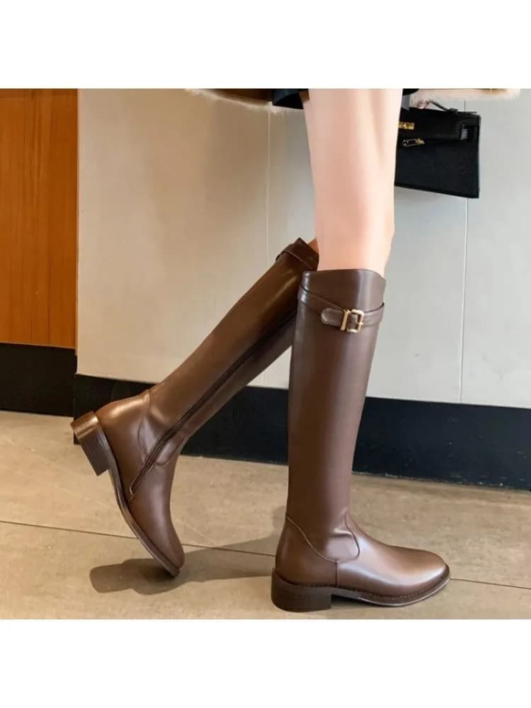 Nieuwe dames zwarte elegant met lage hakken schoenen lange bruine laarzen winter kniehoge schacht stijlvolle nieuwste prijs goth