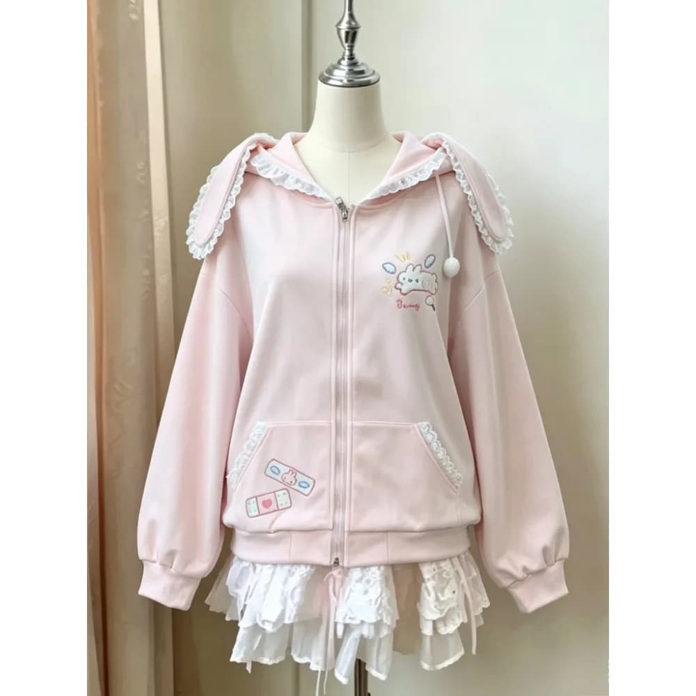 Japanse Kawaii Kat Sweatshirt Vrouwen Off Schouder Leuke Cartoon Y2k Esthetische Grunge Kant Casual Capuchon Trui Kerst Winter