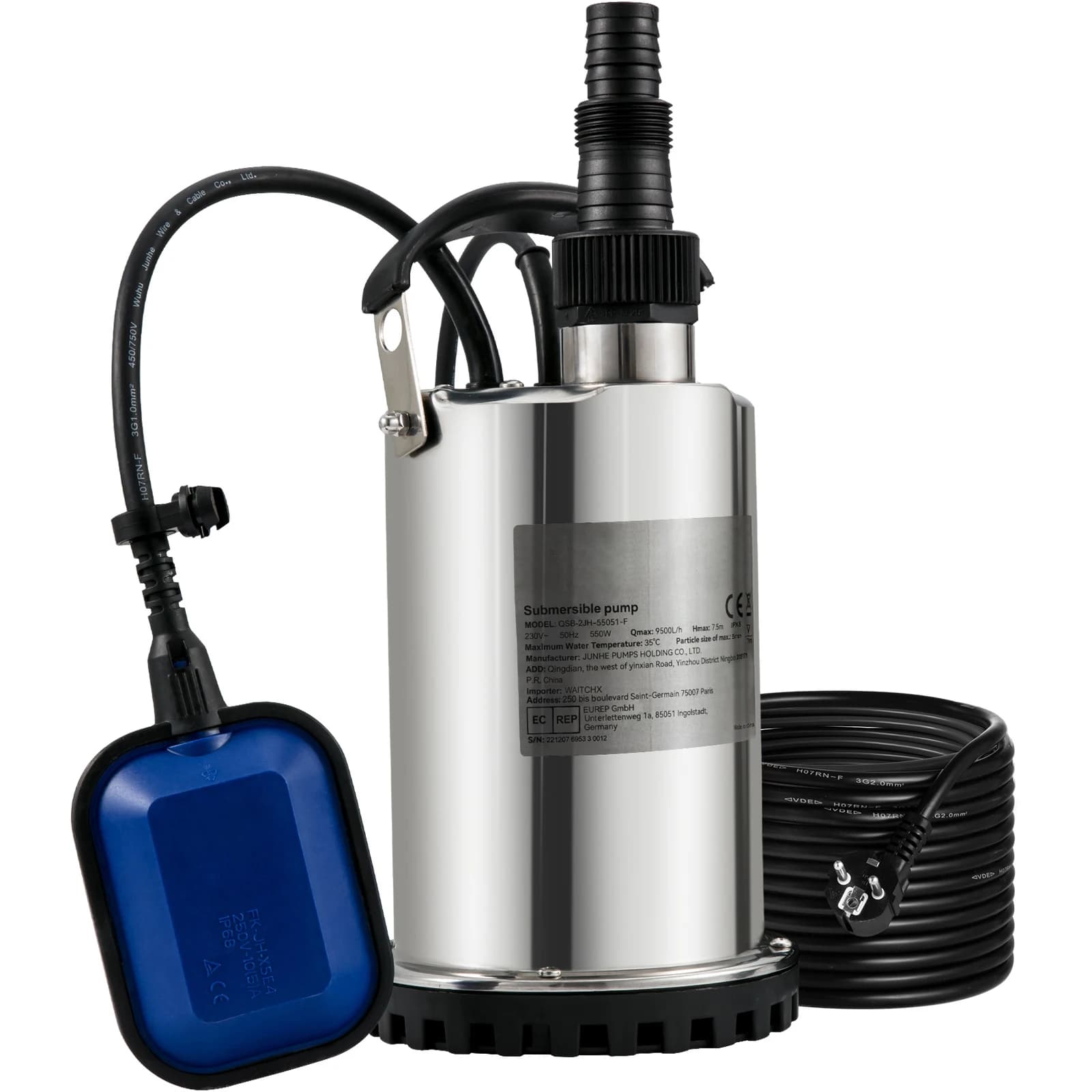 SucceBuy Rioolpomp Dompelpomp Waterpomp 550W - 2200W voor het pompen van water van zwembaden, kelders, bubbelbaden